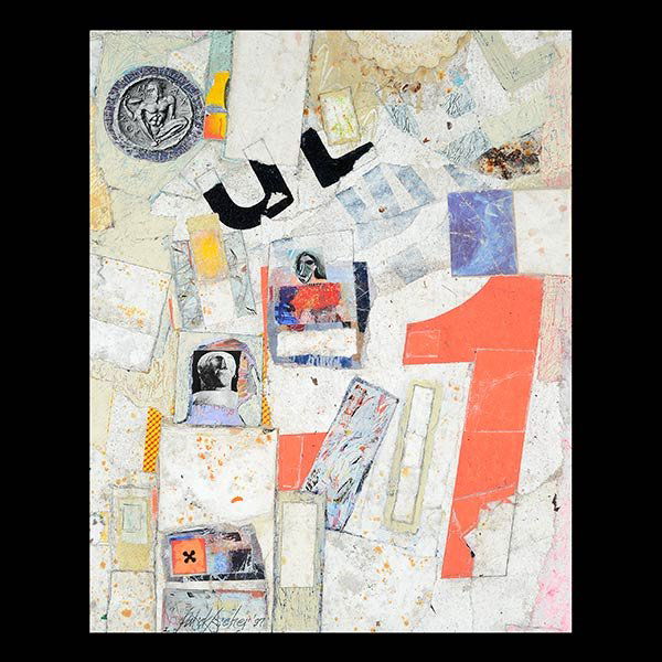 PATRICK ARCHER "Singular Sensation" Collage: PATRICK ARCHER (American b. 1926) "Singular Sensation" Collage on board. Sight: 15 x 18 3/4 inches. Frame: 28 1/4 x 34 1/4 inches. Signed and dated l/l "1997".