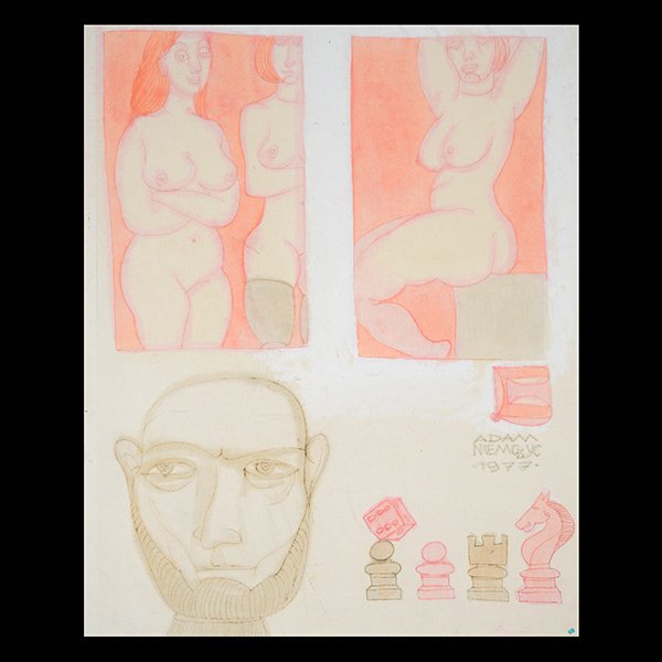 ADAM NIEMCZYC "Women and Chess" Watercolor: ADAM NIEMCZYC (Polish b. 1914) "Women and Chess" Mixed media on board. 24 x 19 inches. Signed and dated l/r "1977".