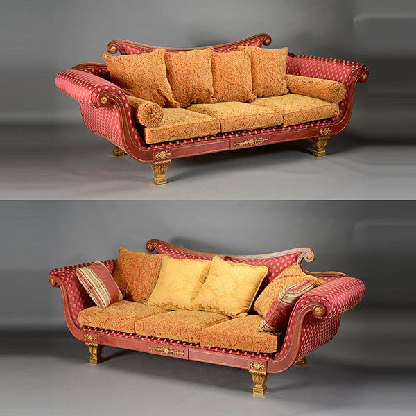 Pair of Empire Style Gilt Bronze Settees: Pair of Empire Style Gilt Bronze Settees, upholstered in claret red upholstery {Dimensions 39 1/2 x 101 x 37 1/2 inches}