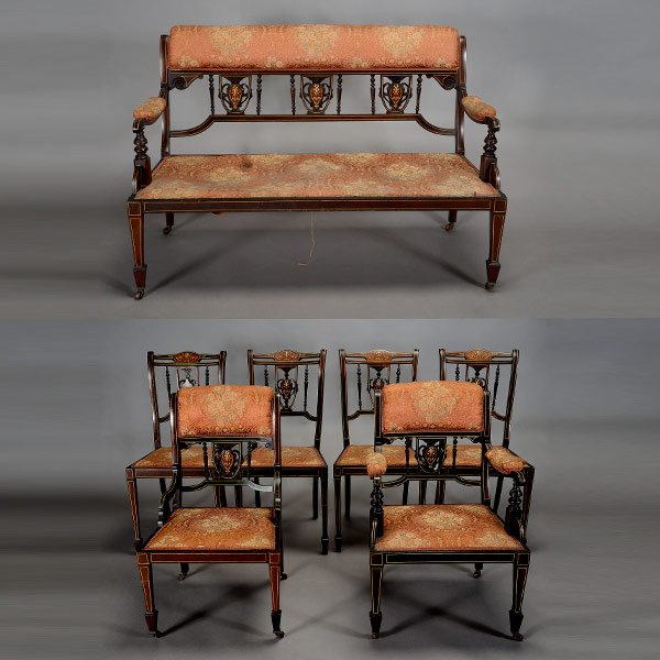 Renaissance Revival Inlaid and Ebonized Seven Piece: Renaissance Revival Inlaid and Ebonized Seven Piece Parlor Suite: Comprising a settee {dimensions 33 x 50 1/2 x 21 inches}; his and hers chairs; and four side chairs {dimensions 34 3/4 x 17 x 19 inche