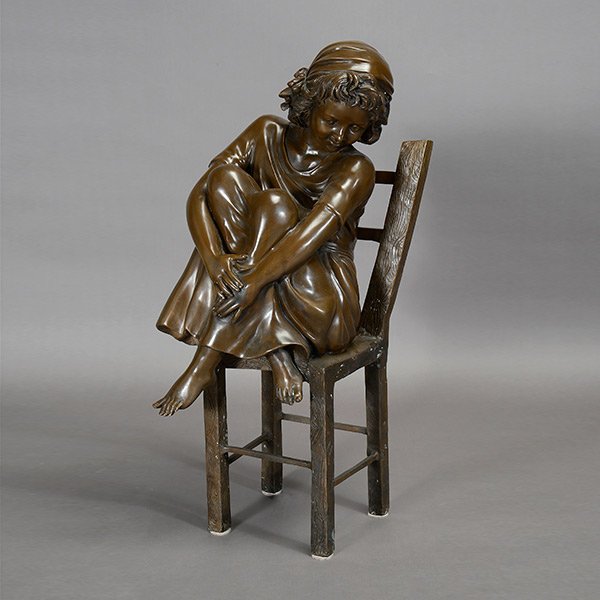 After Juan Clara, Massive Bronze Figure of Girl Seated: After Juan Clara (Spanish 1875-1958) Massive Bronze Figure of Girl Seated on Chair {Dimensions 35 1/2 x 14 x 15 inches}
