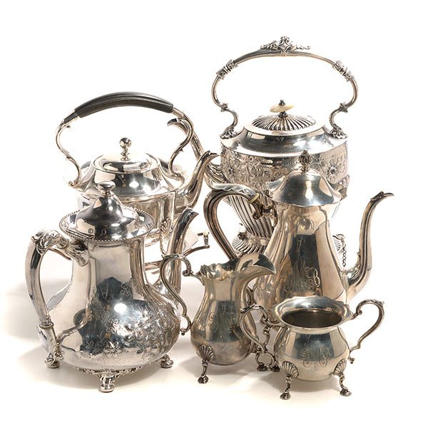 Fisher Sterling Coffee Service, Two Kettles, and Coffee: Fisher Jack Shepard Sterling Silver Three Piece Coffee Service, marked 9465, including a coffee pot {height 9 1/8 inches}, creamer, and sugar; together with a Queen Anne style silver plated kettle on 