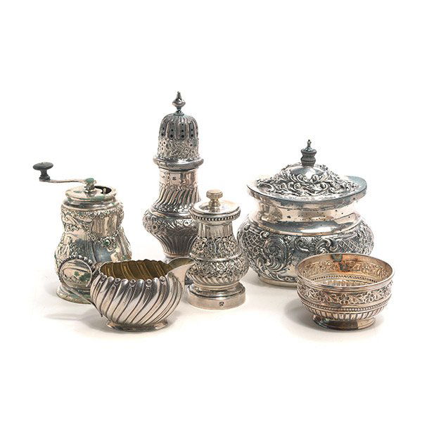 Group of Six English and German Silver Table Articles: Group of Four English Sterling and Two German 800 Standard Silver Table Articles, Including a small footed repousse and gadrooned bowl by Charles Stuart Harris, London, circa 1883; a small swirl gadro