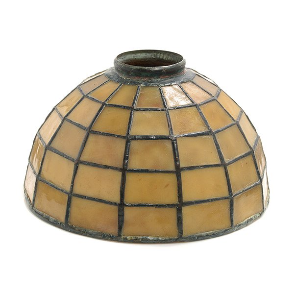 Miniature Handel Leaded Amber Glass Shade: Miniature Handel Leaded Amber Glass Shade, stamped Handel on fitter {Height 4 1/8 inches; diameter 7 inches}