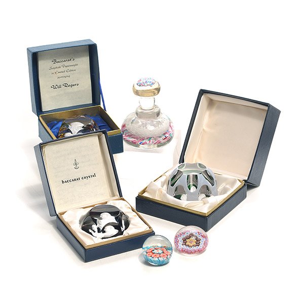 Six Art Glass Paperweights: Six Art Glass Paperweights: Including three Baccarat sulfide weights: Pope John XXIII with retail box and certificate, Will Rogers with certificate, and a Theodore Roosevelt weight with retail box; to