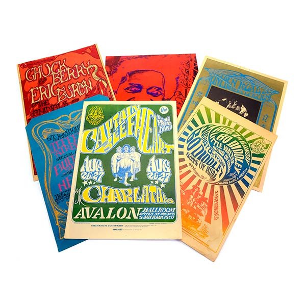Six 1960's Concert Posters by Various Artists Including: Six 1960's Concert Posters by Various Artists Including Stanley Mouse (3), Gut, Greg Irons and San Andreas. Avalon Ballroom August 1966: 20 x 14 inches, Fillmore June 1967: 21 1/2 x 14 inches, Long Sh