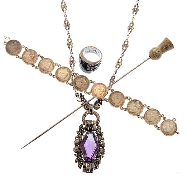 Collection of Amethyst, Marcasite, Coin, Sterling: Collection of Amethyst, Marcasite, Coin, Sterling Silver, Metal Jewelry. Including one amethyst, marcasite, sterling silver 22 inch necklace, one German black onyx, marcasite, sterling silver ring siz