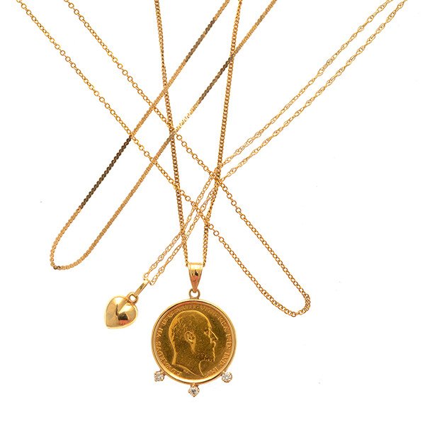 Collection of Diamond, Gold Coin, 14k Yellow Gold: Collection of Diamond, Gold Coin, 14k Yellow Gold Jewelry. Including one gold sovereign coin 1903, diamond, 14k yellow gold 15 inch necklace; one 15 inch 14k yellow gold chain; one 14k yellow gold hea