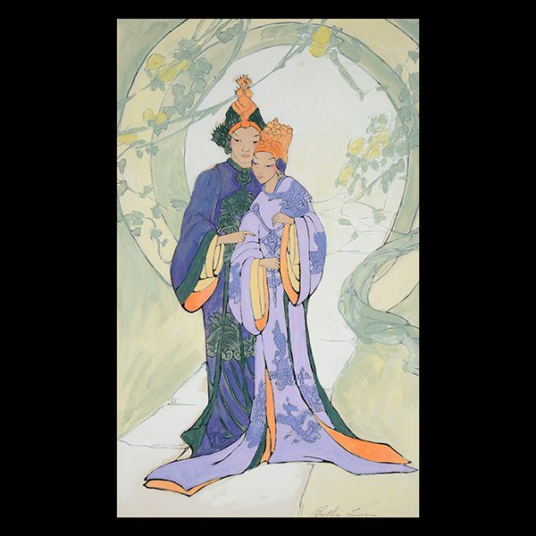 BERTHA LUM "Couple": BERTHA LUM (American 1869-1954) "Couple" Mixed Media. Sight: 24 1/2 x 14 1/4 inches, Frame: 30 3/8 x 20 1/4 inches. Signed lower right, "Bertha Lum".