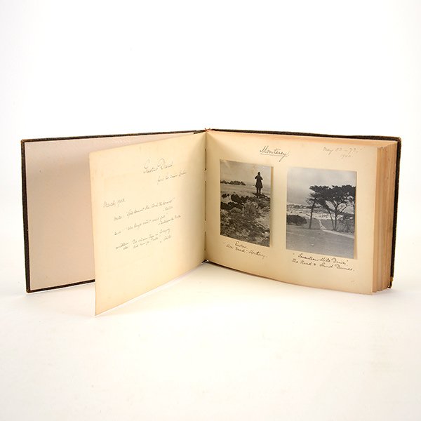 Travel Photo Album of California, 1900: Early Photo Album (1900) with black and white photographs of Monterey, San Francisco, Yosemite and Berkeley. Each (83) photograph labeled in album. Given to GUSTAV DRESEL from his cousin Lorlie. Album