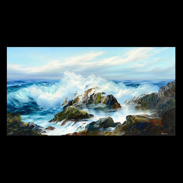 ROSEMARY MINOR "Morning Tide" Oil on Canvas: ROSEMARY MINOR (American 20/21st Century) "Morning Tide" Oil on canvas. Canvas: 22 x 42 1/4 inches, Frame: 30 x 49 3/4 inches. Signed l/r Rosemary Minor. Upper left stretcher bar written in marker "27
