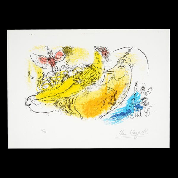 After MARC CHAGALL "The Accordionist": After MARC CHAGALL (Russian Federation/ French1887-1985) "The Accordionist" Lithograph on paper. Sheet: 15 x 19 5/8 inches, Frame: 25 3/8 x 30 inches. Bears signature l/r and numbered 34/90 l/l.