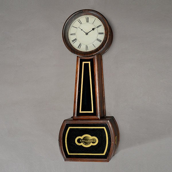 American Eglomise Lyre Form Wall Clock: American Eglomise Lyre Form Wall Clock, with old label, and inscribed Willard on glass panel {Dimensions 29 x 10 3/4 x 3 3/4 inches} [crank; pendulum]