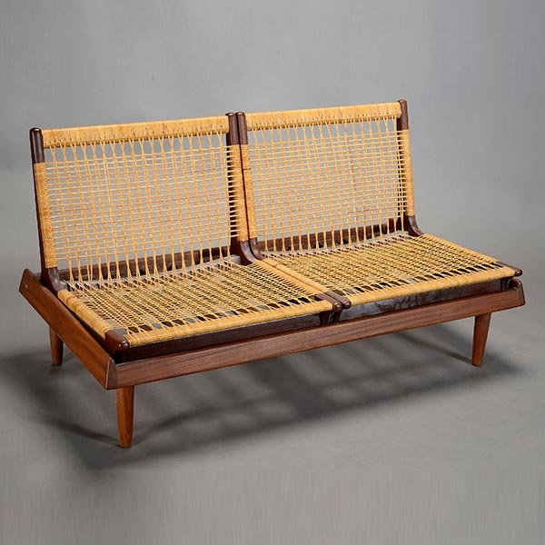 Hans Wegner for Getama Danish Teak Convertible: Danish Woven Teak Convertible Settee/Daybed, Designed by Hans Wegner for Getama, consisting of frame and two detachable chairs {Dimensions of platform frame 11 1/4 x 51 3/4 x 26 3/4 inches; chairs 19
