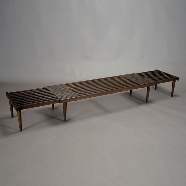 Mid Century Modern Expanding Slat Bench: Mid Century Modern Expanding Slat Bench, attributed to John Keal for Brown Saltman {Dimensions closed 12 x 55 3/4 x 18 inches; expands to 96 inches}