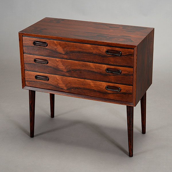 Mid Century Danish Rosewood Three Drawer Nightstand: Mid Century Danish Rosewood Three Drawer Nightstand, stamped Bernt Hanson {Dimensions 23 x 23 1/2 x 11 3/4 inches}
