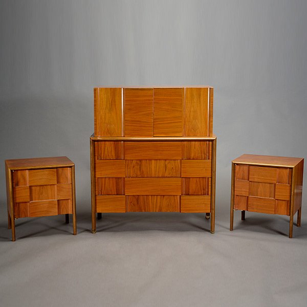 Mid Century Bedroom Suite in The Style of Paul Laszlo: Mid Century Bedroom Suite in The Style of Paul Laszlo, Comprising A Quilted Dresser and Two Matching Nightstands {Dimensions of dresser 48 x 41 x 20 inches; nightstands 24 x 21 x 16 inches}