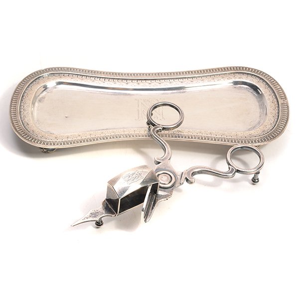 Vanderslice Coin Silver Snuff Tray and Candlesnuffer: Vanderslice Coin Silver Snuff Tray and Candlesnuffer, monogrammed {Total silver weight 11.8 troy oz; length of tray 9 1/8 inches}