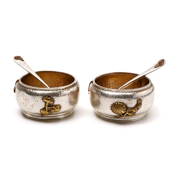 Pair of Aesthetic Movement Sterling Salt Cellars with: Pair of Aesthetic Movement Mixed Metal Sterling Silver Salt Cellars with Spoons {Total silver weight 4.1 troy oz; height of cellars 1 1/4 inches, diameter 2 1/2 inches; length of spoon 3 1/4 inches}