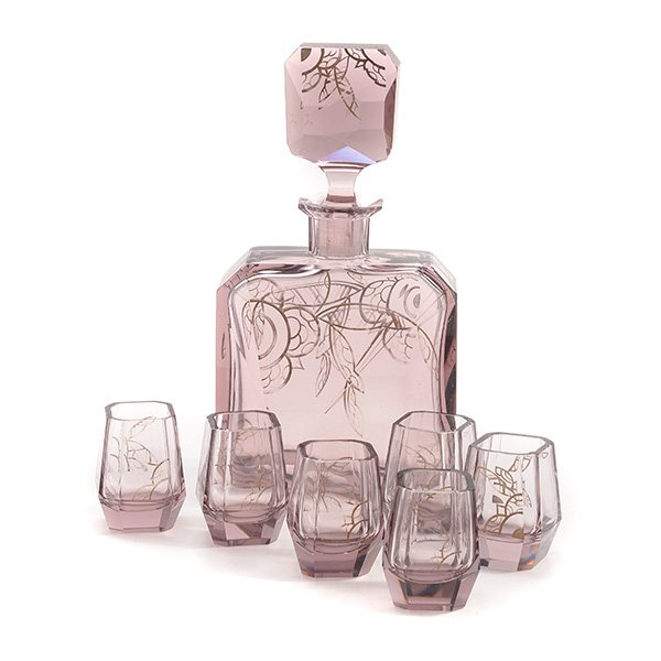 Art Deco Purple Crystal Decanter Set: Art Deco Purple Crystal Decanter Set, with six glasses {Height of decanter 9 3/4 inches; height of cups 2 1/2 inches}