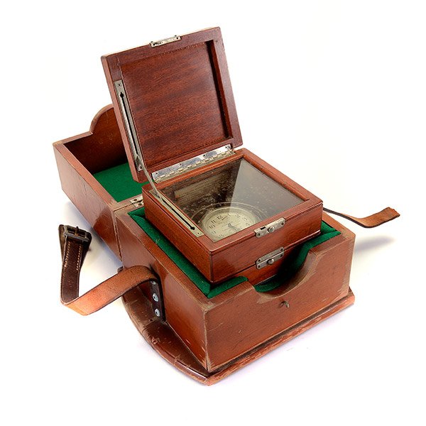 Cased Hamilton Mounted Chronometer Watch: Cased Hamilton Watch Co. Mounted Chronometer Watch, Model 22, Lancaster PA {Dimensions of outer case 7 3/4 x 9 1/2 x 9 inches; inner case 6 x 6 x 6 inches; diameter of chronometer face 2 1/2 inches}