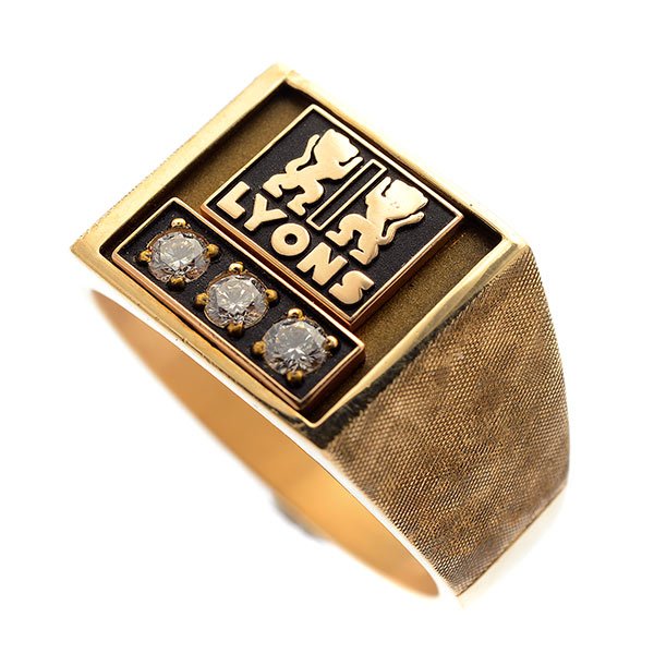 Diamond, 10k Yellow Gold Ring.: Diamond, 10k Yellow Gold Ring. Designed with two lion passants, "Lyons," accented by three full-cut diamonds weighing a total of approximately 0.30 cttw. set in a 10k yellow gold mounting. {Size 14 1/