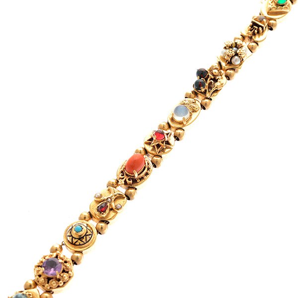 Multi-Stone, 14k Yellow Gold Slide Bracelet.: Multi-Stone, 14k Yellow Gold Slide Bracelet. Including twelve slides, featuring stones such as cultured pearl, moonstone, coral, garnet, bloodstone, chalcedony, zircon, amethyst and enamel, 14k yellow