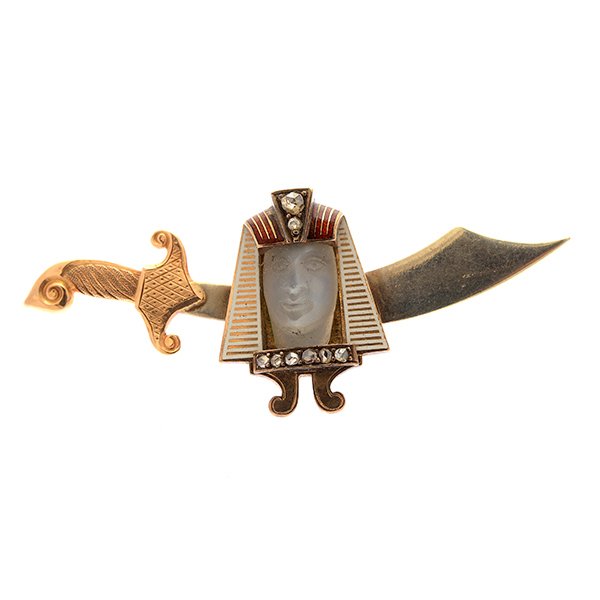 Moonstone, Diamond, Enamel, 9k Rose Gold Shriners Pin.: Moonstone, Diamond, Enamel, 9k Rose Gold Shriners Pin. Designed for the AAONMS (Ancient Arabic Order of Nobles of the Mystic Shrine). The face carved of moonstone, accented by rose-cut diamonds and re