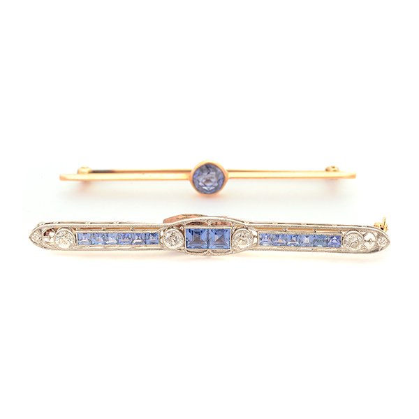 Collection of Two Sapphire, Diamond, Platinum-topped,: Collection of Two Sapphire, Diamond, Platinum-Topped, 14k Gold Bar Pins. Including an Edwardian platinum-topped, 14k yellow gold bar pin featuring fourteen square-cut sapphires weighing a total of app