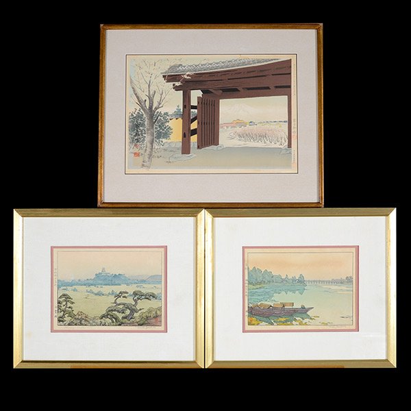 Three Japanese Woodblocks: Tomikichiro Tokuriki, Toshi: Three Japanese Woodblock Prints Tomikichiro Tokuriki (1902-1999): Thirty-Six Views of Mt. Fuji from Egawa Mansion, oban, signed with artist's signature and four seals; Toshi Yoshida (1911-1995) the fi