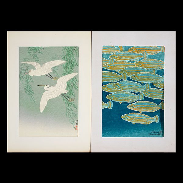 Ohara Koson: Five Woodblock Prints, Along With a Shiro: Ohara Koson (1877-1945): Five Woodblock Prints, Along with a Shiro Kasamatsu (1898-1991) Print Ohara Koson (1877-1945): 'Emperor Cranes', 'Fish', 'Hawk on Snow-Covered Branch', 'Scops Owl in Flight', 