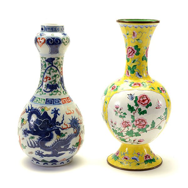 Two Enameled Vases: Two Enameled Vases Comprising famille verte 'garlic head' vase decorated with opposing dragons, bearing a Wanli six-character mark by the mouth, and painted enamel metal vase with floral decoration on