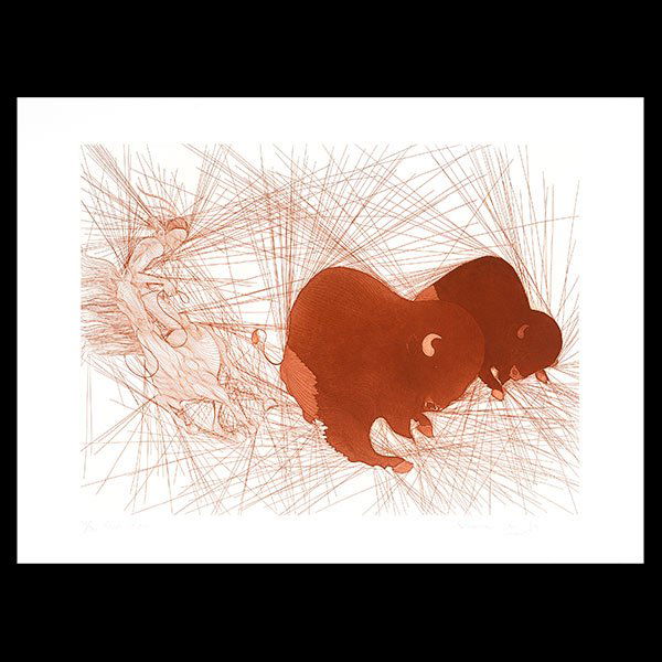 GUILLAUME AZOULAY Group of 3 Etchings: GUILLAUME AZOULAY (Moroccan b. 1949) Group of three etchings entitled "Le Bete", "Deux Bisons" and "Embuscade" Group of three sepia toned intaglio etchings. Plate: 17 1/2 x 23 3/4 inches, sheet: 22 1/