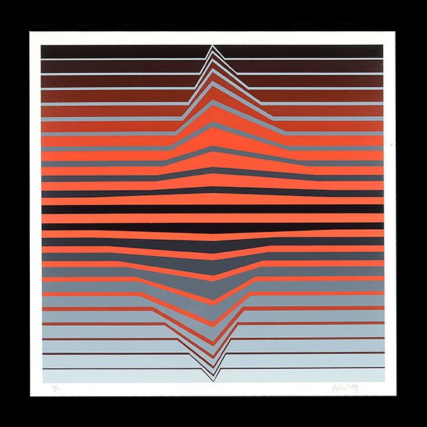 Three VICTOR VASARELY Prints: VICTOR VASARELY (French/Hungarian 1906-1997) Three framed serigraphs: "Orange Round Squares", sight measures: 11 1/2 x 11 1/4 inches; frame measures: 17 3/8 x 17 inches, numbered l/l 27/100. "Spiral C