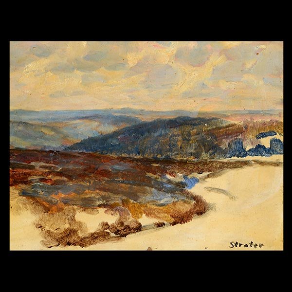 HENRY STRATER "Untitled - Beach Scene" Oil.: HENRY STRATER (American 1896-1987) "Untitled - Beach Scene" Oil on board. 8 7/8 x 12 inches, Framed: 15 5/8 x 18 5/8 inches. Signed l/r. [CONDITION: In good condition with some yellowing of varnish, w