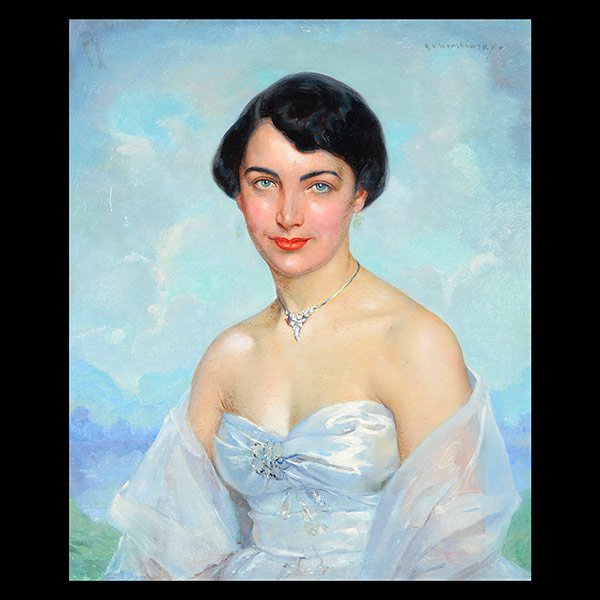 WARSHAWSKY, Portrait of a Woman, California School: ABEL GEORGE WARSHAWSKY (California 1883-1962) "Portrait of Merla Zellerbach" Oil on board. 23 1/2 x 20 inches; Framed: 30 3/8 x 26 1/8 inches. Signed upper right. Maxwell Gallery on verso from 1952. [
