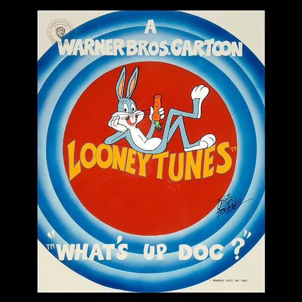 FRIZ FRELENY "What's up Doc?" Animation Cell: FRIZ FRELENG (American 1906-1995) "What's up Doc?" Animation Cell Celluloid on paper. Sight: 15 1/2 x 12 3/4 inches; Framed: 22 5/8 x 19 5/8 inches. Signed in image right center.