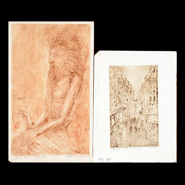 MUKEL DEY Group of Etchings: MUKEL DEY (East Indian 1895-1989) Group of seven drawings including portrait of Mahatuma Gandhi Dry point etching. Largest sheet: 14 1/8 x 9 1/8 inches, smallest sheet: 4 7/8 x 6 5/8 inches. Each sign