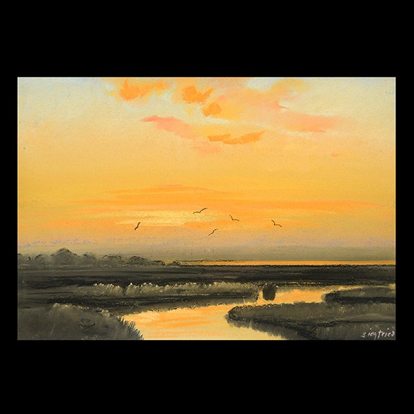 EDWIN C. SIGFRIED Sunset Landscape American Art: EDWIN C. SIGFRIED (American 1889-1955) "Sunset at Marshes" Pastel on paper. Sight: 17 5/8 x 26 inches, Framed: 21 5/8 x 30 1/4 inches. Signed l/r.
