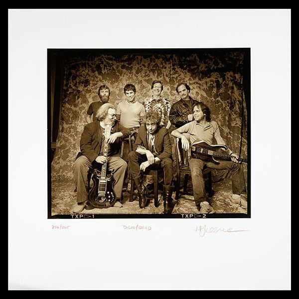 HERB GREEN "Dylan and Dead" Print: HERB GREEN (American b. 1942) Two "Dylan and Dead" Photo print on embossed paper. Image: 15 3/4 x 18 3/4 inches; Sheet: 26 1/4 x 26 1/4 inches. Each signed l/r, titled in center, numbered 258/265 and