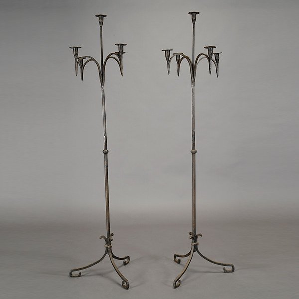 Pair of Spanish Colonial Style Hand Wrought Iron: Pair of Spanish Colonial Style Hand Wrought Iron Five Light Church Candlestands {Height 59 1/2 inches}