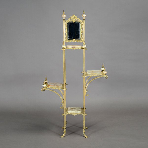Edwardian Onyx and Gilt Brass Etagere: Edwardian Onyx and Gilt Brass Etagere, headed by a mirror {Dimensions 58 x 31 x 12 inches}
