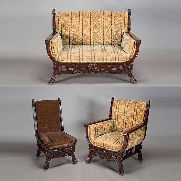 Edwardian Parlor Suite, in The Renaissance Revi Style: Three Piece Parlor Suite, Comprising a settee and an armchair with floral upholstery, and a brown upholstered side chair {Dimensions of settee 39 x 51 x 27 1/2 inches}