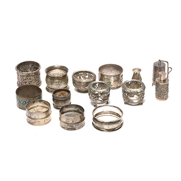 Group of Chinese Export Silver Salts and Napkin Rings: Group of Chinese Export Silver Salts and Napkin Rings: Including a sterling lantern form salt shaker; pair of sterling napkin rings engraved with bamboo; five single silver napkin rings, two with the 