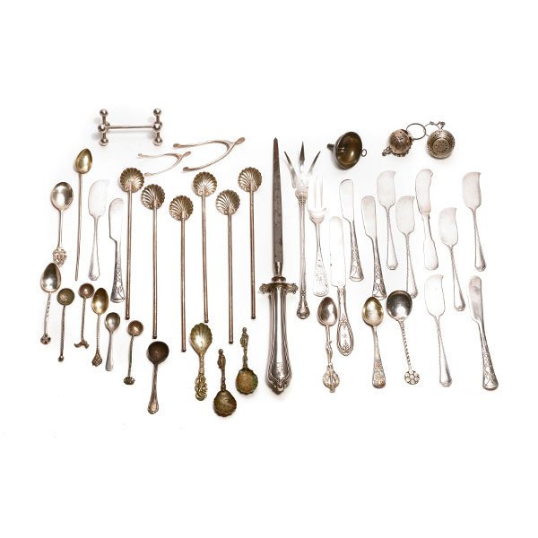 Collection of Sterling Flatware and Table Articles: Collection of Sterling Flatware and Table Articles: Comprising four Navajo butter knives, six Whiting, and two others; Gorham Chantilly serving fork {length 9 inches}; Whiting salad fork; six iced tea