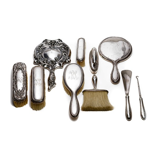 Gorham Sterling Silver Eight Piece Dresser Set, etc.: Gorham Sterling Silver Eight Piece Dresser Set, monogrammed: Comprising a hand mirror {length 9 1/2 inches}, hair brush, three clothes brushes, nail buffer with rest, button hook, and shoe horn; toget