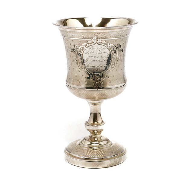 Continental Silver Chalice: Continental Silver Chalice, with inscription {Total silver weight 4.6 troy oz; height 6 inches} [small dents to foot; slightly bent]