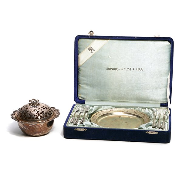 Incense Bowl and a Japanese Silver Mitsukoshi Cased: Japanese Silver Covered Incense Bowl and a Mitsukoshi Cased Presentation Set: Comprising six plates {diameter 5 3/4 inches}, and six forks, marked "King" (13) {Total silver weight 25.7 troy oz} [Incen