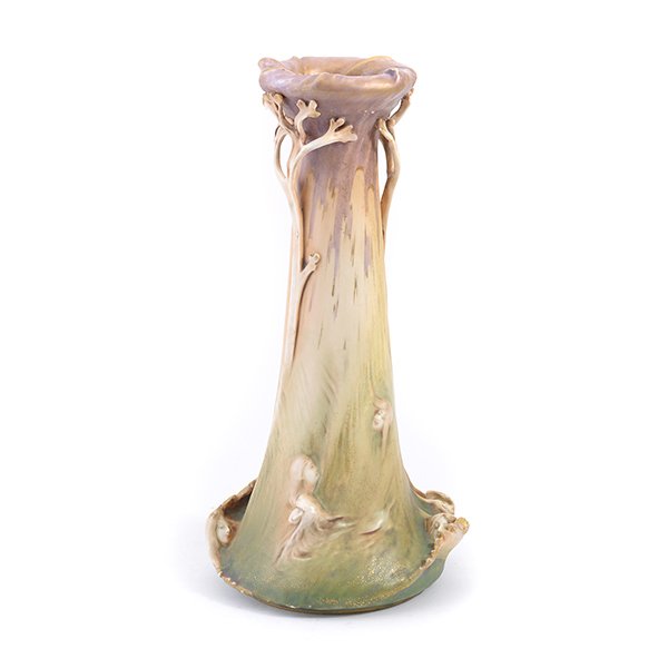 Amphora Vase with Swimming Nymphs: Art Nouveau Amphora Bisque Porcelain Vase with Swimming Nymphs, the verso of the rounded base with an "Amphora" bust of a beauty mark in raised relief, impressed #2004/41, painted in orange #707/911,