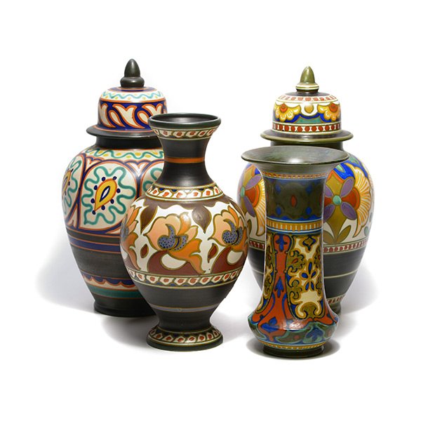 Two Gouda Pottery Ginger Jars and Two Vases: Two Gouda Pottery Plazuid Ginger Jars and Two Vases, including one Asa {Height of tallest jar 15 inches}